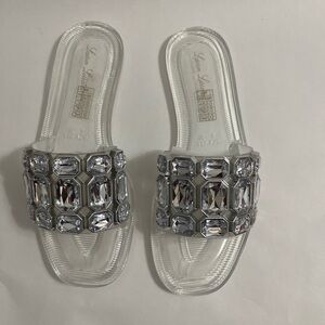 Lauren Lorraine Clear Jeweled Slide Sandals - Silver Crystal Accent